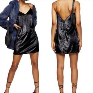 TopShop Glitter Velvet Mini Slip Dress Black LBD 2 Shimmer Sparkle Velour